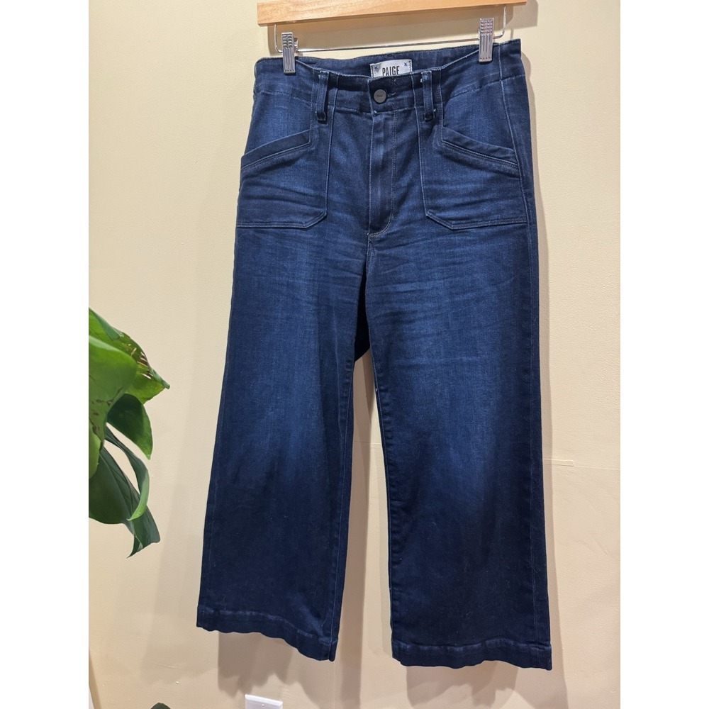PAIGE Women's Wide-Leg Jeans Dark Wash Blue Denim Button Closure Logo Size 29